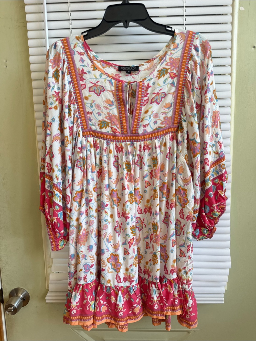 Rachel Zoe White Floral Tie-Front Top with Pink and Orange Trim